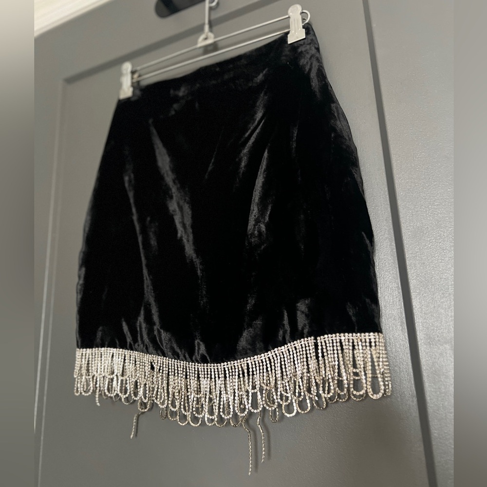 Camila Coelho Black Velvet Mini Skirt with Silver Beaded Fringe